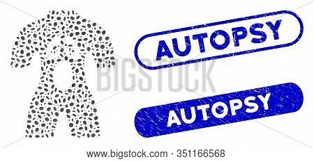 Mosaic Man Anatomy And Rubber Stamp Seals With Autopsy Caption. Mosaic Vector Man Anatomy Is Compose