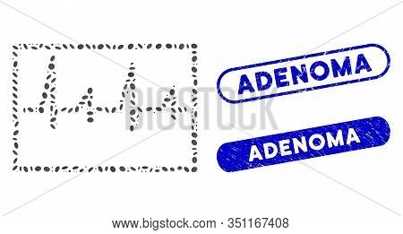 Collage Cardiogram And Rubber Stamp Seals With Adenoma Caption. Mosaic Vector Cardiogram Is Composed