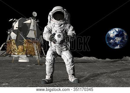 3d Rendering Astronaut On The Moon Playing Football. Slow Motion. Elements Of This Video Furnished B