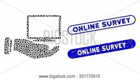 Mosaic Computer Offer Hand And Grunge Stamp Seals With Online Survey Caption. Mosaic Vector Computer