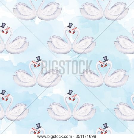 Swans In Love. Seamless Pattern. Watercolor Illustration. Suitable For Wedding Decoration