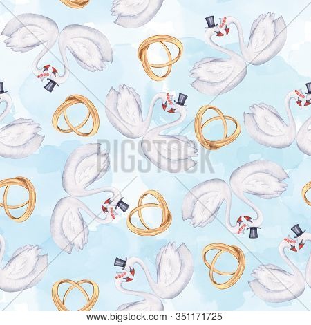 Swans In Love. Seamless Pattern. Watercolor Illustration. Suitable For Wedding Decoration