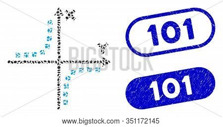 Mosaic Hyperbola Plot And Corroded Stamp Seals With 101 Text. Mosaic Vector Hyperbola Plot Is Create