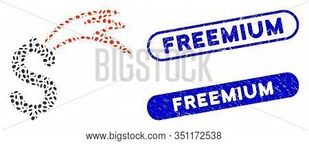 Mosaic Fortune Falling Dollar And Rubber Stamp Seals With Freemium Text. Mosaic Vector Fortune Falli