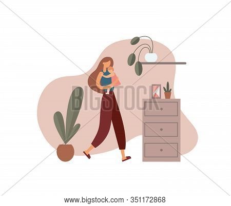 Woman Hugging Baby At Home. Flat Vector Illustration