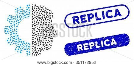 Mosaic Android Head And Distressed Stamp Seals With Replica Text. Mosaic Vector Android Head Is Desi