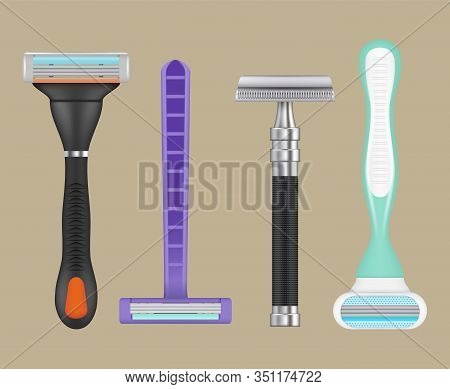 Razors Realistic. Woman Depilation Items Shaving Razors Vector Collection Of Blades. Razor And Blade