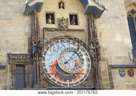 Medieval Tower Astronomical Clock Or Prague Orloj Mounted On The South Wall Of The Tower Of The Old 