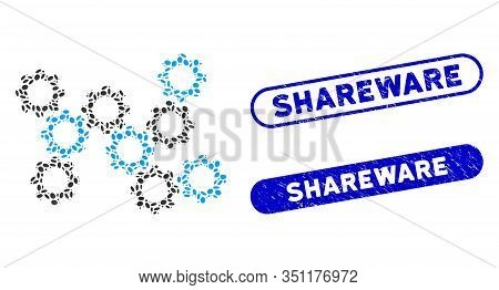 Mosaic Gears And Distressed Stamp Watermarks With Shareware Phrase. Mosaic Vector Gears Is Designed 