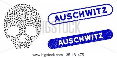 Mosaic Skull And Distressed Stamp Seals With Auschwitz Text. Mosaic Vector Skull Is Formed With Rand