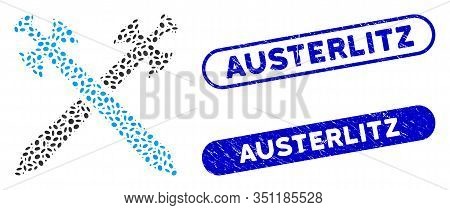 Collage Swords And Distressed Stamp Seals With Austerlitz Phrase. Mosaic Vector Swords Is Created Wi