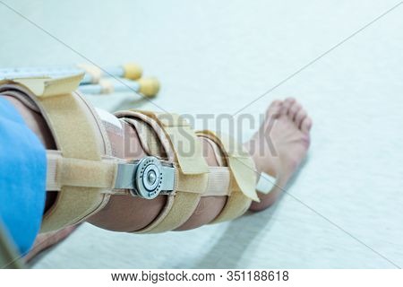 Asian Senior Or Elderly Old Woman Patient With Bandage Compression Knee Brace Support Injury On The 