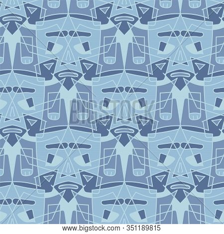 A Crowd Of Weird Identical Grumpy Men Seamless Vector Mosaic Pattern In Blue Colors. Stylized Surfac