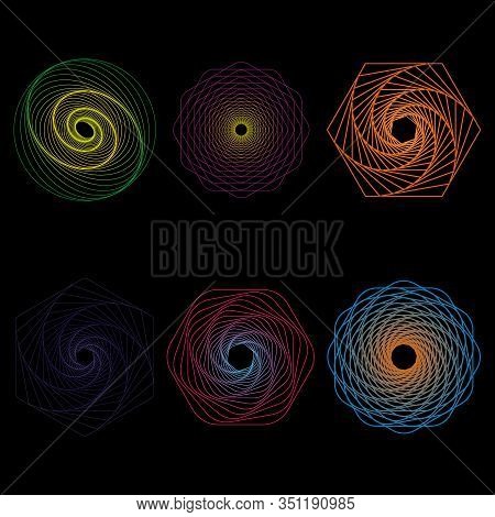 Set Of Hexagon, Circle And Spiral Lines. Abstract Color Shapes On Black Background. Twisted Tunnels 