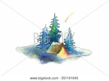 Camping In The Woods.tent, Trees And Shooting Star.landscape Tourism.watercolor Hand Drawn Illustrat