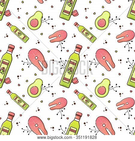 Vector Color Seamless Keto Diet Pattern In Linear Style. Healthy Lifestyle And Balanced Foods. Olive