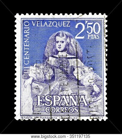 Cancelled Postage Stamp Printed By Spain, That Shows Infanta Margarita Velazquez, Circa 1964.