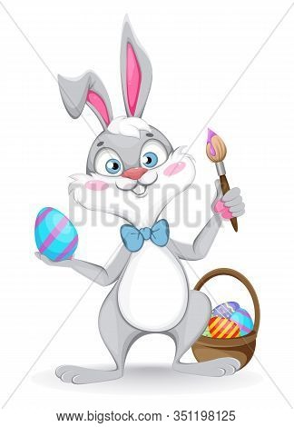 Happy Easter Greeting Card. Funny Cartoon Rabbit Holds Brush And Colored Egg. Stock Vector Illustrat