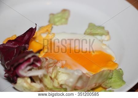 Breakfast With Fried Scrumbled Egg And Salad Leaves Closeup
