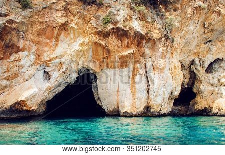 Caves In The Infreschi Bay From The Sea, Camerota, Campania, Italy