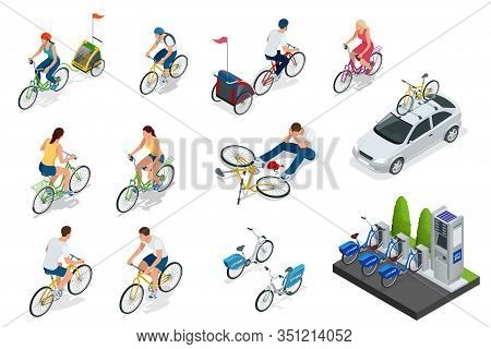 Set Of Cyclists, Car With Bike Holder, Bicycle Parking. Isometric People On Bicycles. Family Cyclist