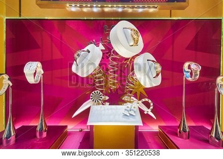 HONG KONG, CHINA - CIRCA JANUARY, 2019: jewelleries on display at a Bvlgari store. Bulgari is an Italian luxury brand known for its jewellery, watches, fragrances, accessories and leather goods. 