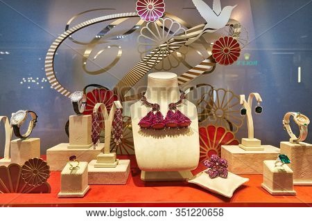 HONG KONG, CHINA - JANUARY 22, 2019: jewelleries on display at Chopard store at ifc mall in Hong Kong.
