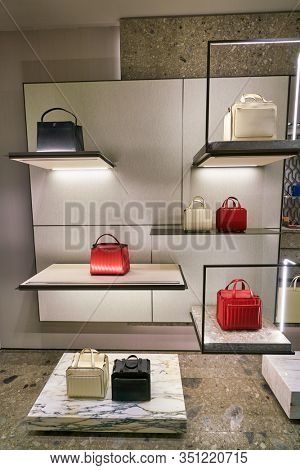 HONG KONG, CHINA - JANUARY 22, 2019: bags on display at Valextra store at ifc mall in Hong Kong. Valextra is a brand of luxury leather goods and accessories based in Milan, Italy.