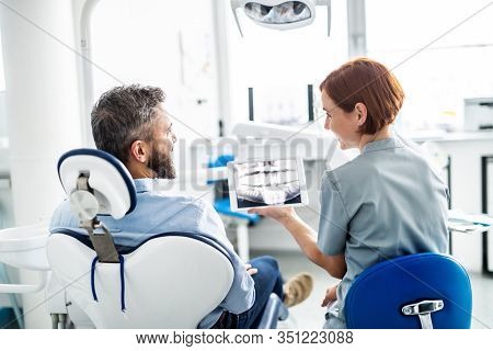 Rear View Of Man And Dentist In Dental Surgery, Annual Check-up.
