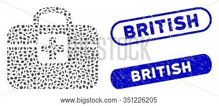 Mosaic Medkit And Corroded Stamp Seals With British Caption. Mosaic Vector Medkit Is Composed With S