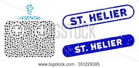 Mosaic Remote Control Device And Distressed Stamp Seals With St. Helier Phrase. Mosaic Vector Remote