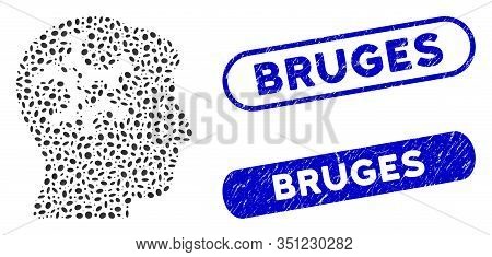 Mosaic Mind Gears And Corroded Stamp Seals With Bruges Caption. Mosaic Vector Mind Gears Is Composed