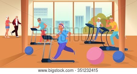 Old Peoplein The Gym. Seniors Training On Treadmill. Fitness Program