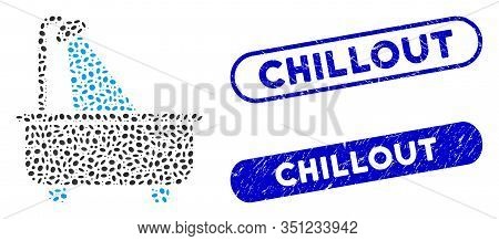 Mosaic Bath And Rubber Stamp Seals With Chillout Text. Mosaic Vector Bath Is Created With Randomized