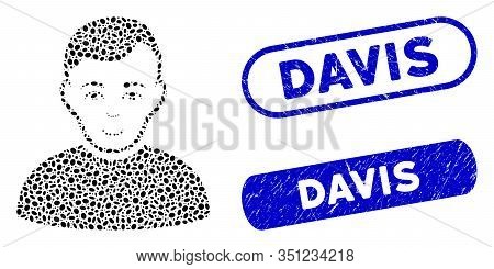 Mosaic User And Distressed Stamp Seals With Davis Phrase. Mosaic Vector User Is Composed With Scatte
