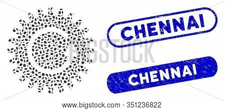 Mosaic Rotate Cog And Rubber Stamp Seals With Chennai Phrase. Mosaic Vector Rotate Cog Is Created Wi