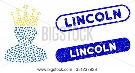 Mosaic King Admin And Distressed Stamp Seals With Lincoln Caption. Mosaic Vector King Admin Is Compo