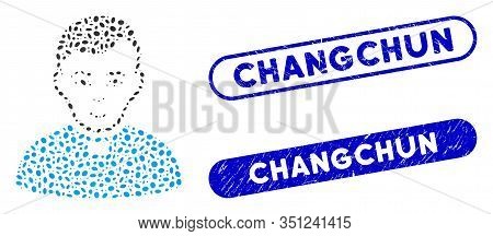 Mosaic Priest And Grunge Stamp Seals With Changchun Phrase. Mosaic Vector Priest Is Composed With Ra