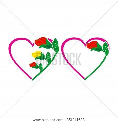 Heart Icon. The Two Pink Love Icons Decorated With Red And Yellow Roses, The Isolated Heart Icon On 