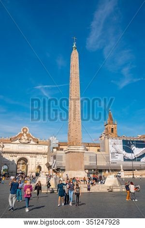 Rome, Italy 28 October 2019 - Flaminio Obelisk In Center Of Piazza Del Popolo