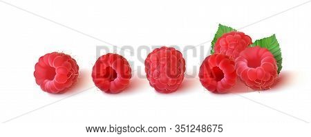 Collection Of Ripe Raspberries With Leaves Isolated On A White Background