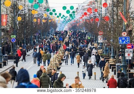 Vilnius, Lithuania - Feb 16, 2020: Bonfires Are Lit On Gediminas Avenue On Festive Night On February