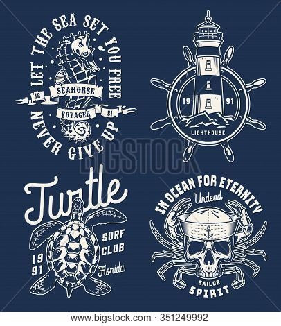 Vintage Nautical Monochrome Logos Collection With Letterings Lighthouse Ship Wheel Turtle Seahorse S