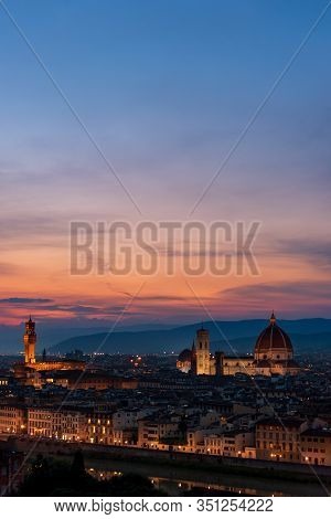 Florence Sunset With Lungarno (arno River Bank), The Cathedral And Palazzo Vecchio (medieval City Ha