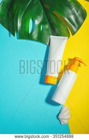 Sunprotection Objects, Suscreen. Prevention Of Photoaging. Flat Lay, Natural Cosmetics For Face And 