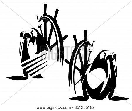 Ship Steering Wheel And Walrus Sea Captain Wearing Striped Sailor Shirt Black And White Vector Desig