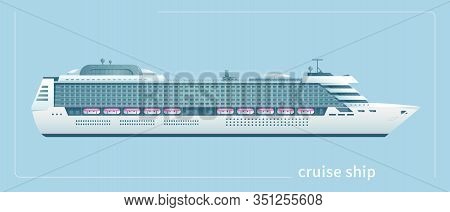 The Stock Vector Illustration Of A White Big Cruise Ship Is Isolated On A Light Blue Background. The
