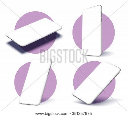 A Collection Of Smartphones At Different Angles. Collection Mobile Phones Isolated On White Backgrou