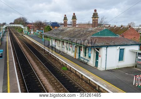Flint, Uk: Feb 11, 2020: The 2 Platform Flint Railway Station Lies On The North Wales Coast Line. Th