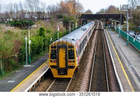 Flint, Uk: Feb 11, 2020: The 2 Platform Flint Railway Station Lies On The North Wales Coast Line. Th